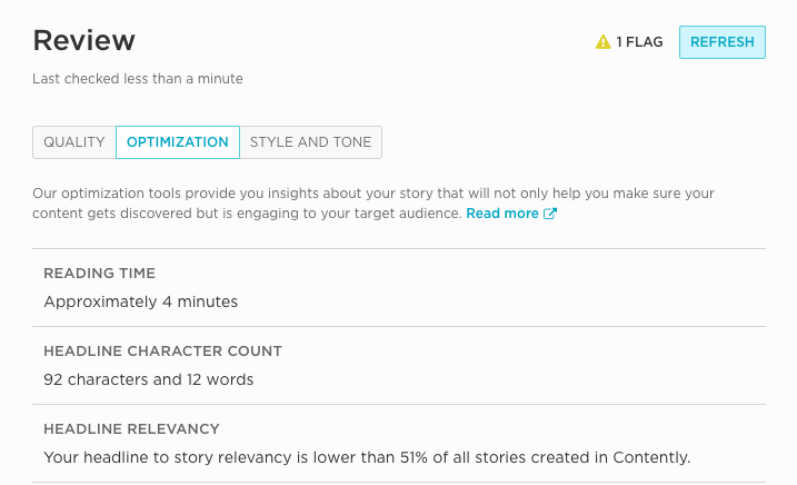 This is a screenshot of the review phase in content marketing platforms, like Contently. It suggests optimization tools, and indicates reading time, headline character count, and headline relevancy.